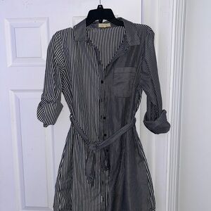 Black and White Striped Long Sleeve Button Up Dress